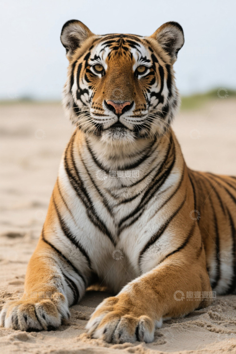 高清大图下载【趣麦麦图】沙滩上休憩的老虎