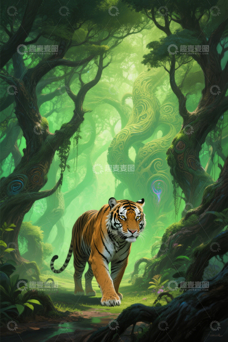 高清大图下载【趣麦麦图】森林中行走的老虎插画