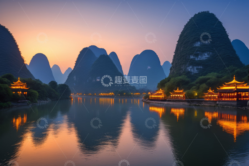 高清大图下载【趣麦麦图】桂林阳朔山水黄昏风光