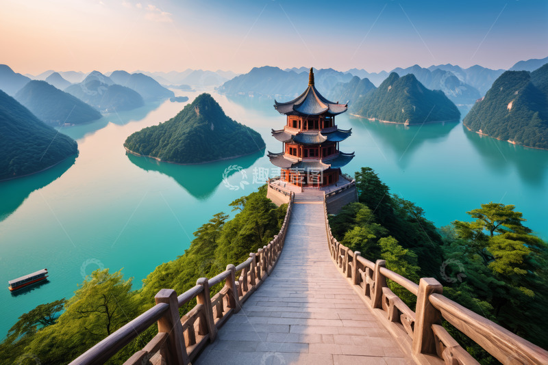 高清大图下载【趣麦麦图】山水间中式楼阁景观