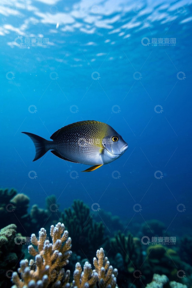 高清大图下载【趣麦麦图】海洋中珊瑚旁游动的热带鱼