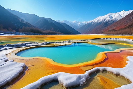雪山下五彩斑斓的自然水景