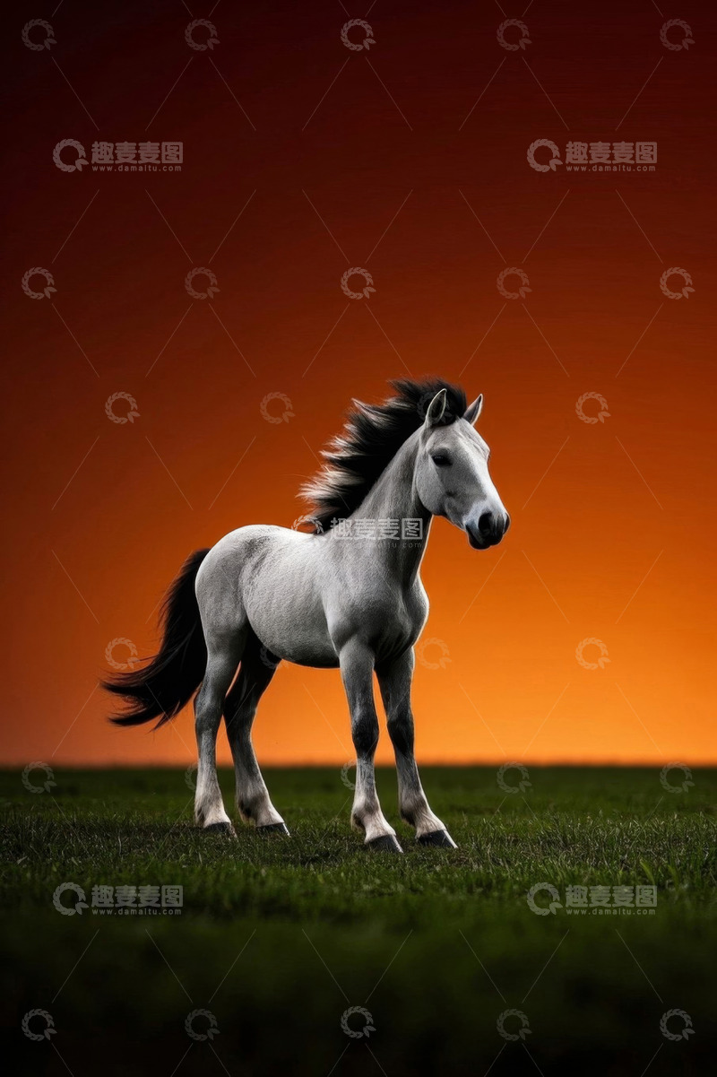 高清大图下载【趣麦麦图】夕阳下草原上的白马