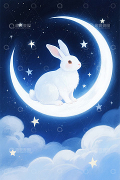 白兔坐于月牙上的夜空插画