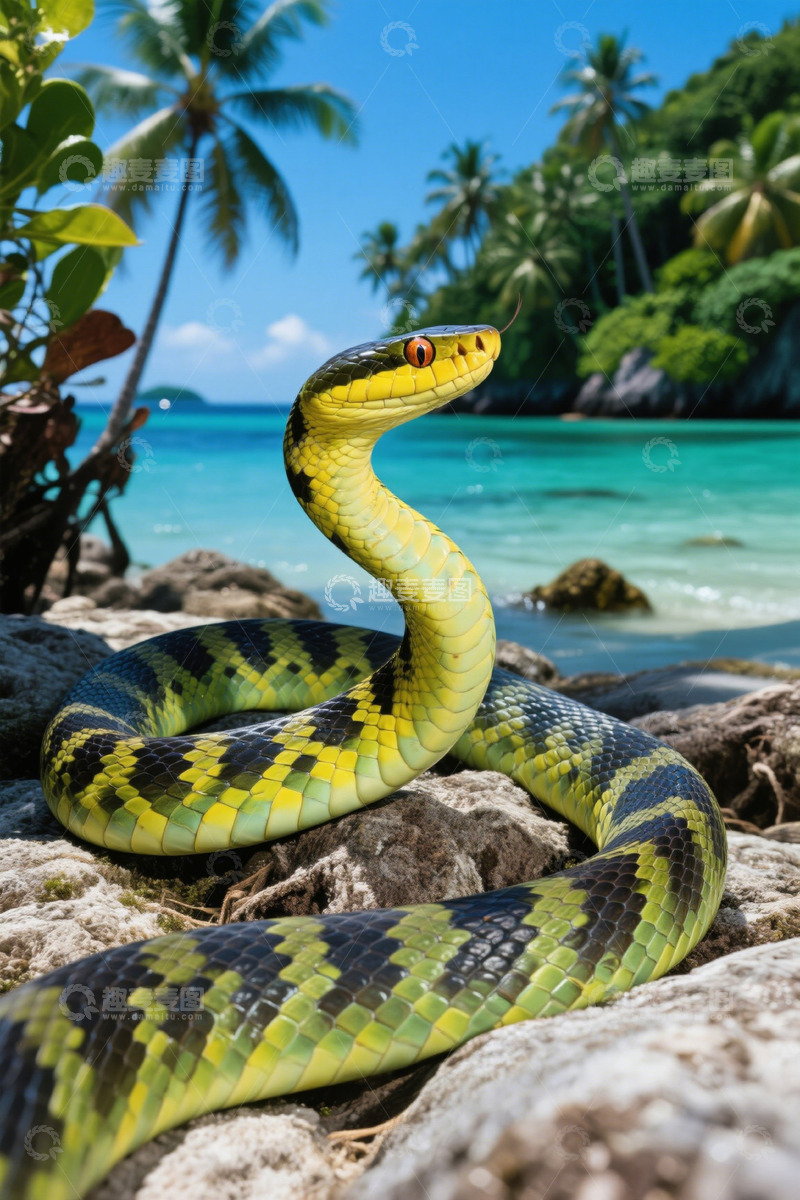 高清大图下载【趣麦麦图】海边岩石上的彩色毒蛇