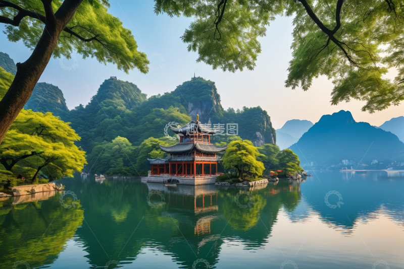 高清大图下载【趣麦麦图】山水间中式古亭自然风光