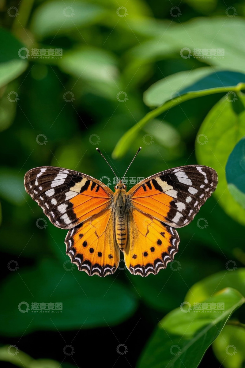 高清大图下载【趣麦麦图】橙黑相间蝴蝶停于绿叶间