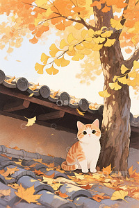 屋顶上的猫咪与秋日银杏树