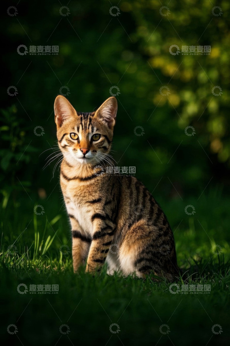 高清大图下载【趣麦麦图】草地上坐着的斑纹猫