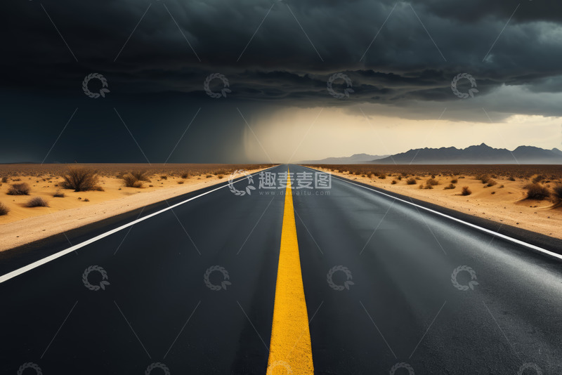 高清大图下载【趣麦麦图】沙漠中延伸的公路与乌云