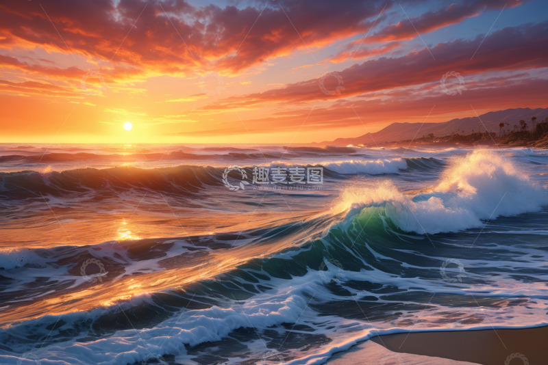 高清大图下载【趣麦麦图】海上日出海浪翻涌景观