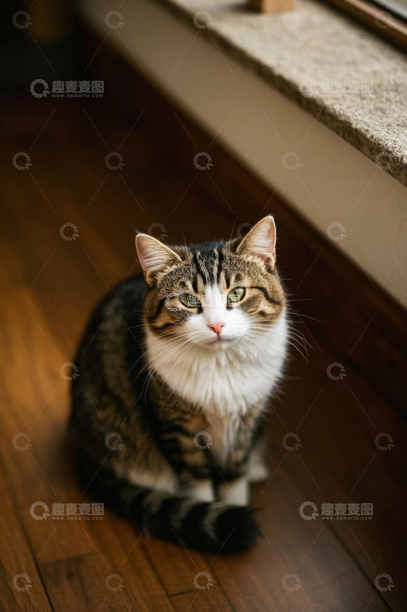 高清大图下载【趣麦麦图】室内坐着的斑纹猫咪素材