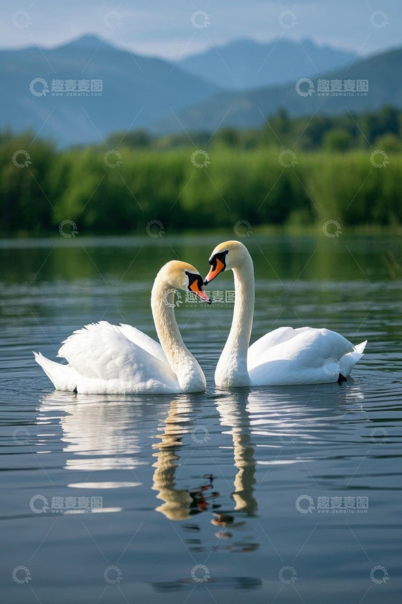 高清大图下载【趣麦麦图】湖面上两只天鹅亲昵姿态