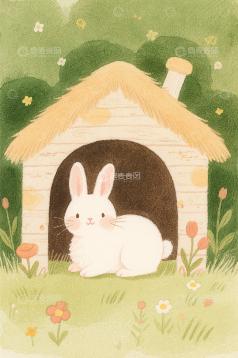 高清大图下载【趣麦麦图】卡通兔子在小屋前休憩