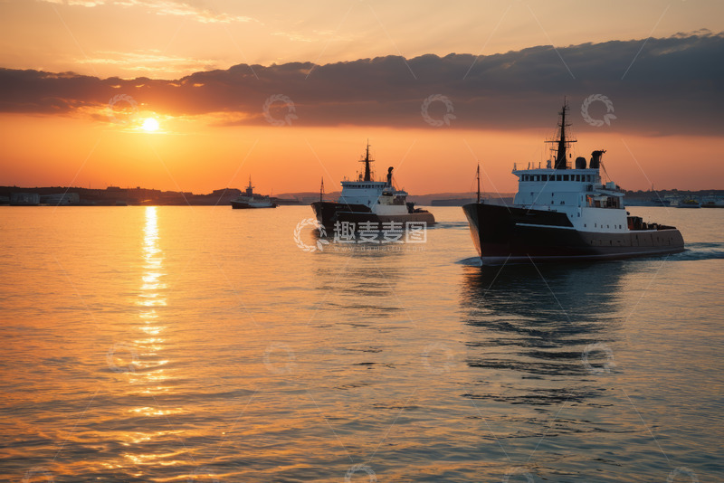 高清大图下载【趣麦麦图】海上船只日落景象
