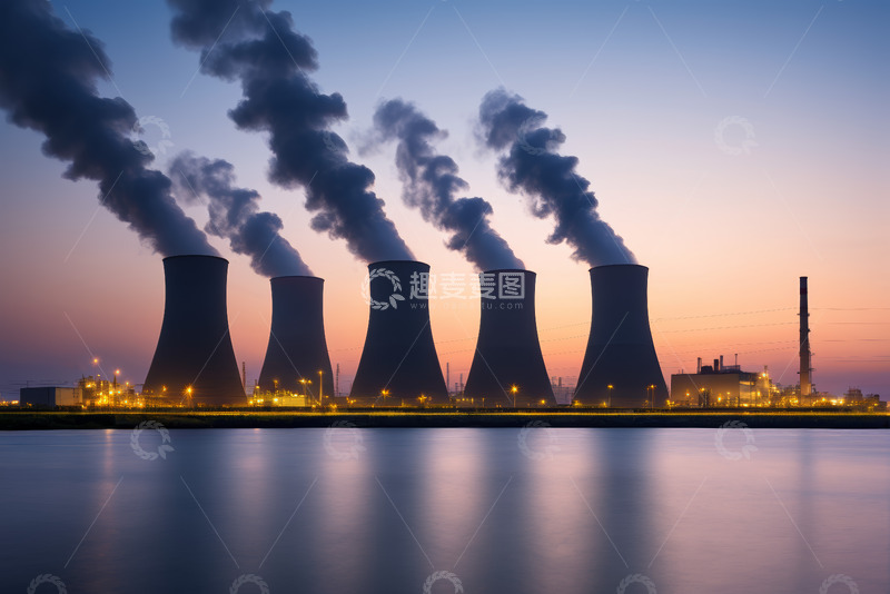 高清大图下载【趣麦麦图】黄昏时热电厂冷却塔与烟雾景象