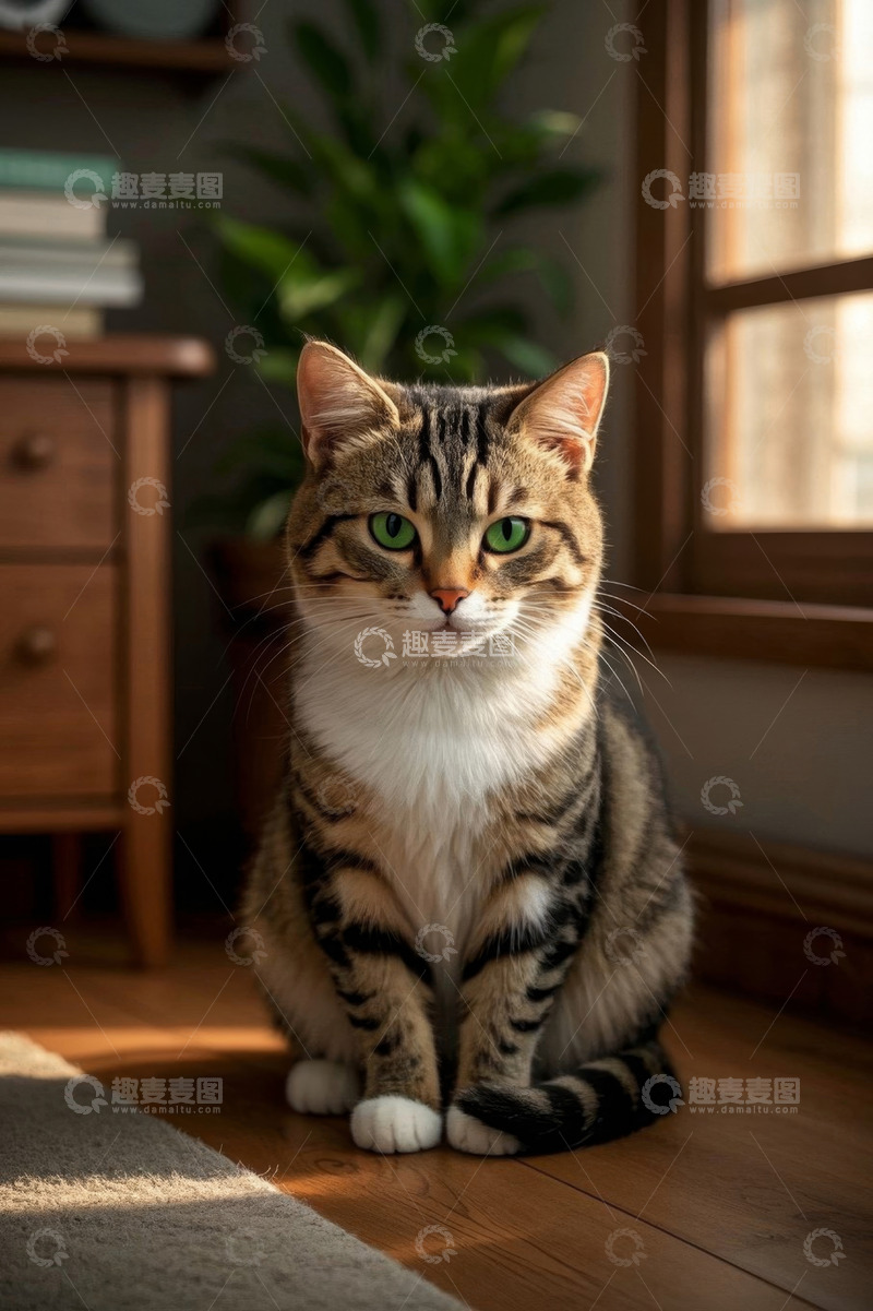 高清大图下载【趣麦麦图】室内坐着的斑纹宠物猫