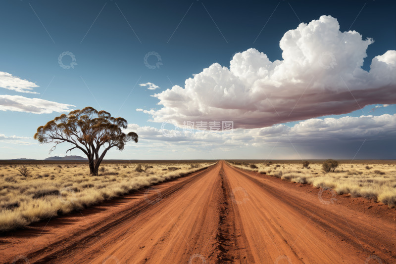 高清大图下载【趣麦麦图】荒野中的红色土路与孤树
