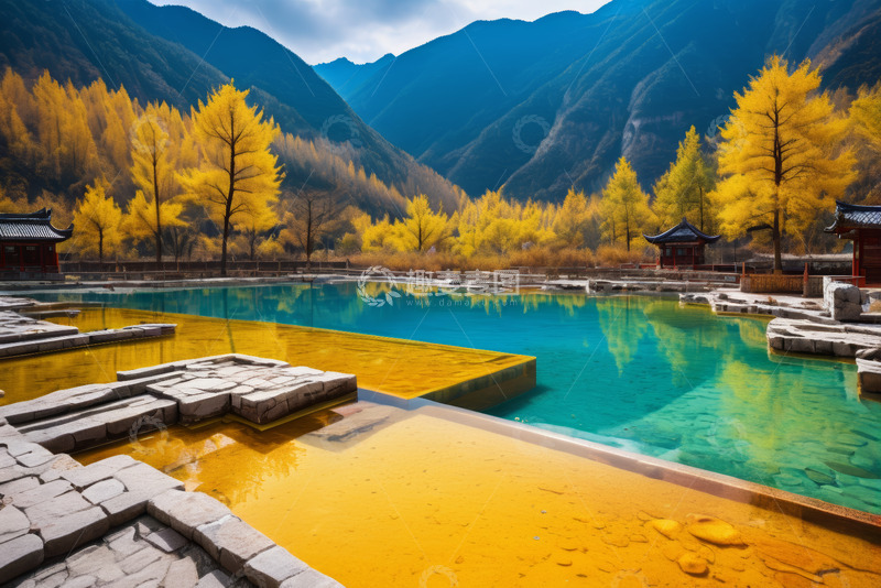 高清大图下载【趣麦麦图】山间彩池与金黄树林景观
