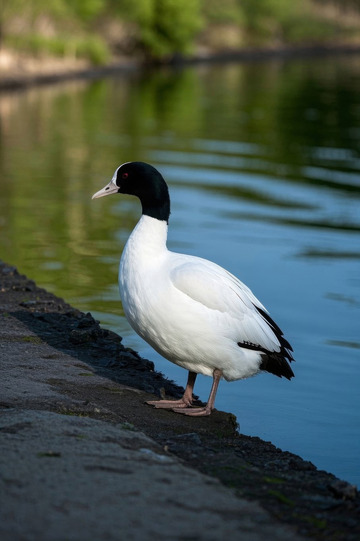 岸边站立的黑白相间鸭子