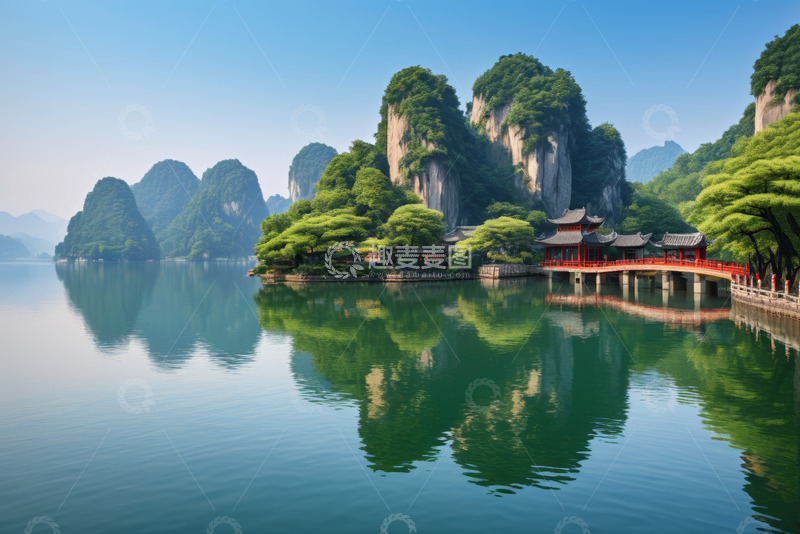 高清大图下载【趣麦麦图】山水间中式建筑湖景风光