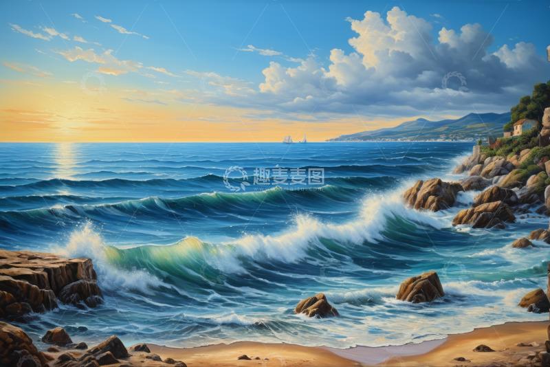 高清大图下载【趣麦麦图】海边日落海浪拍打岩石景象