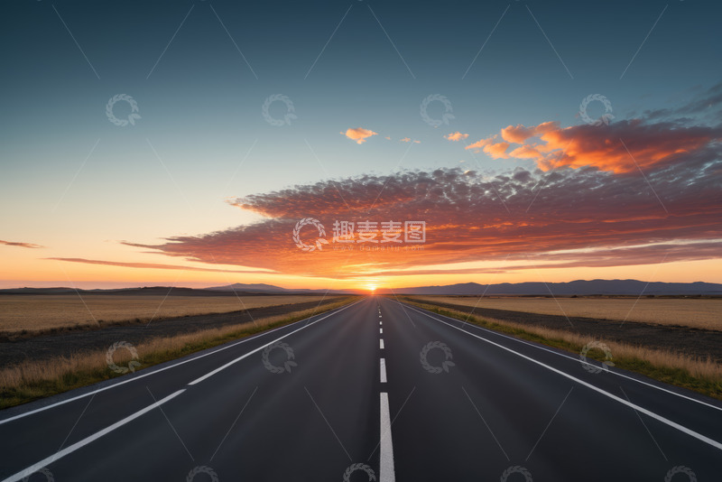 高清大图下载【趣麦麦图】旷野公路上的日落景象