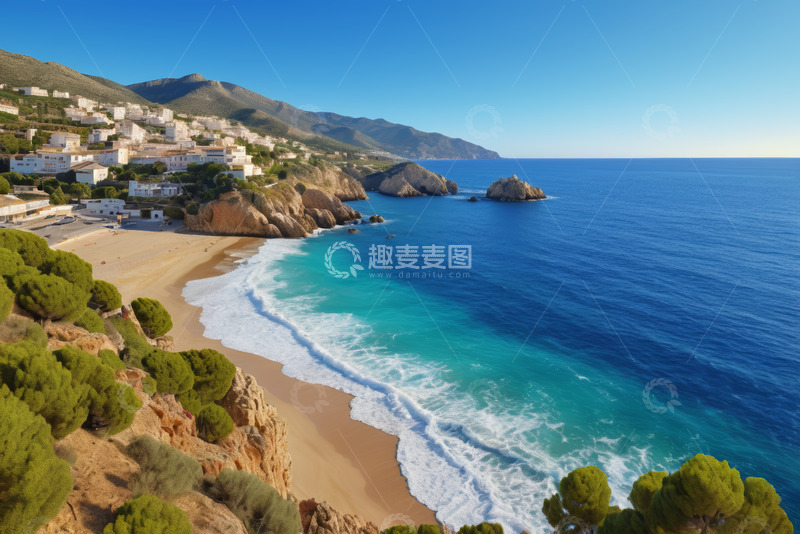 高清大图下载【趣麦麦图】海岸边沙滩与远处建筑景观