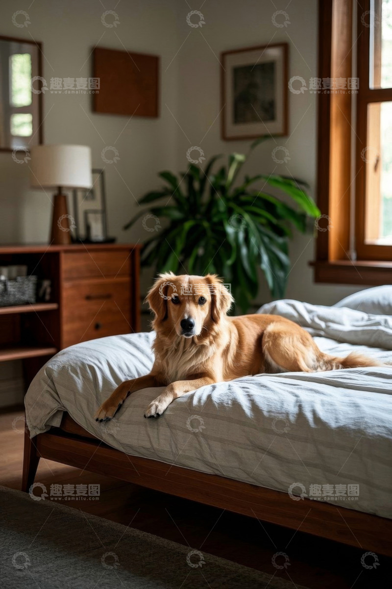 高清大图下载【趣麦麦图】金毛犬趴卧在卧室床上