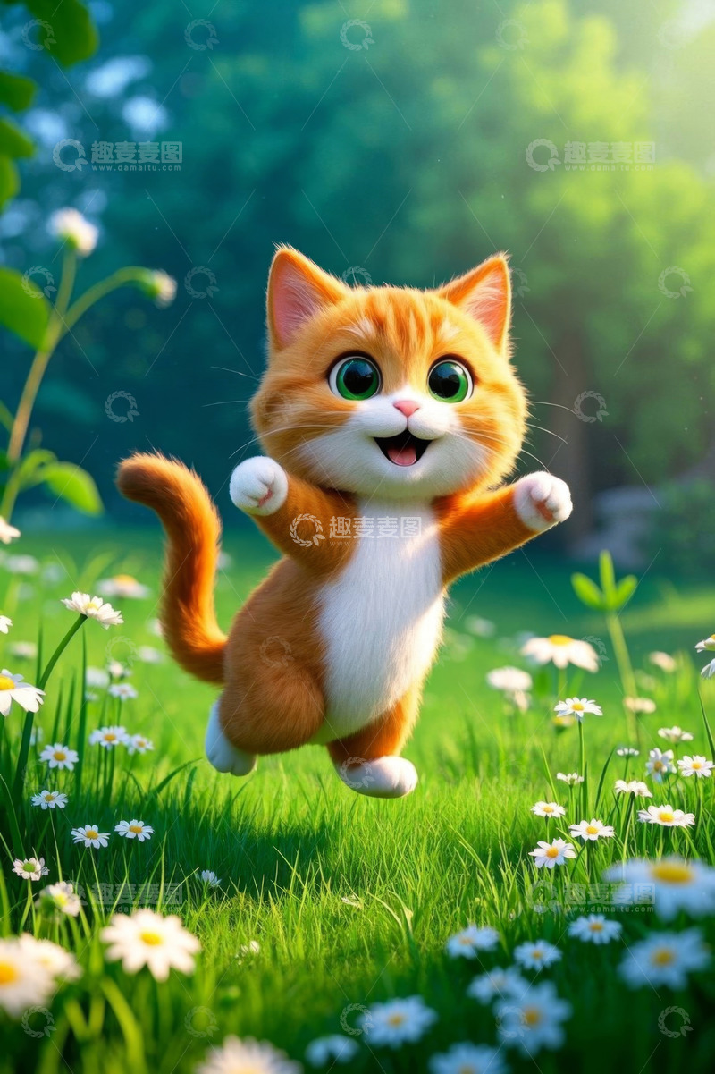 高清大图下载【趣麦麦图】草地上跳跃的卡通小猫