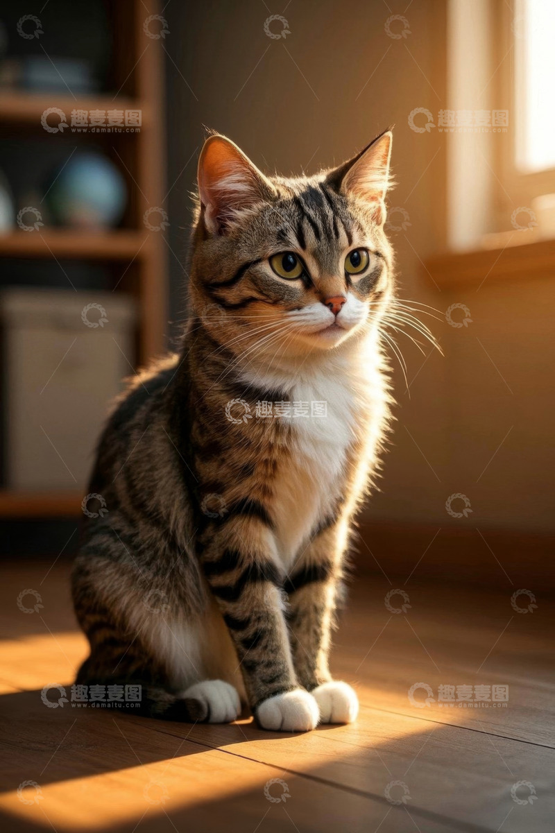 高清大图下载【趣麦麦图】室内坐着的条纹猫咪