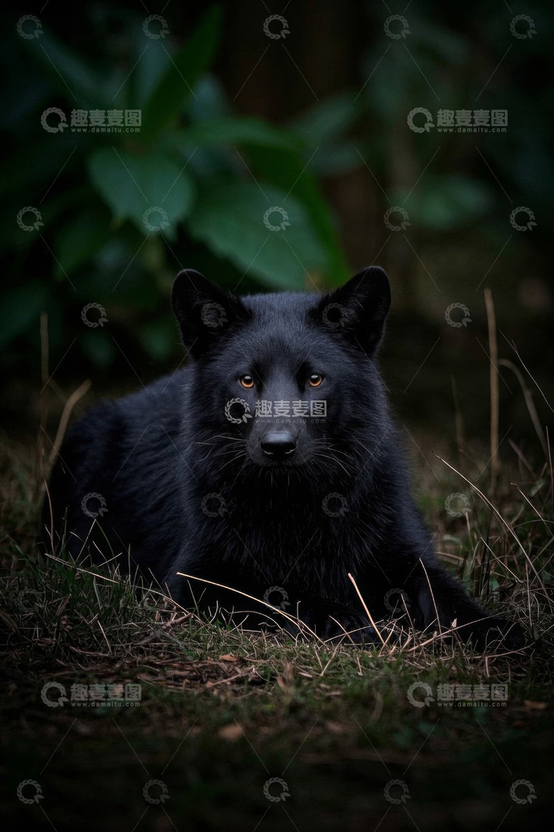 高清大图下载【趣麦麦图】黑色狐狸草地休憩画面