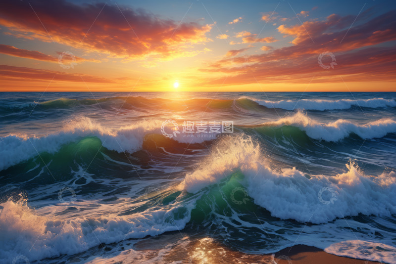 高清大图下载【趣麦麦图】海上日落海浪翻涌景象