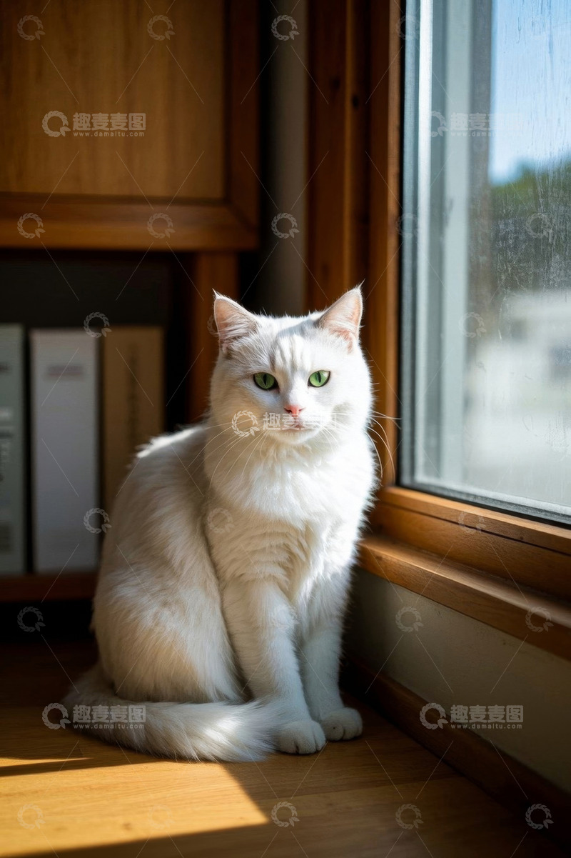 高清大图下载【趣麦麦图】窗边的白色猫咪