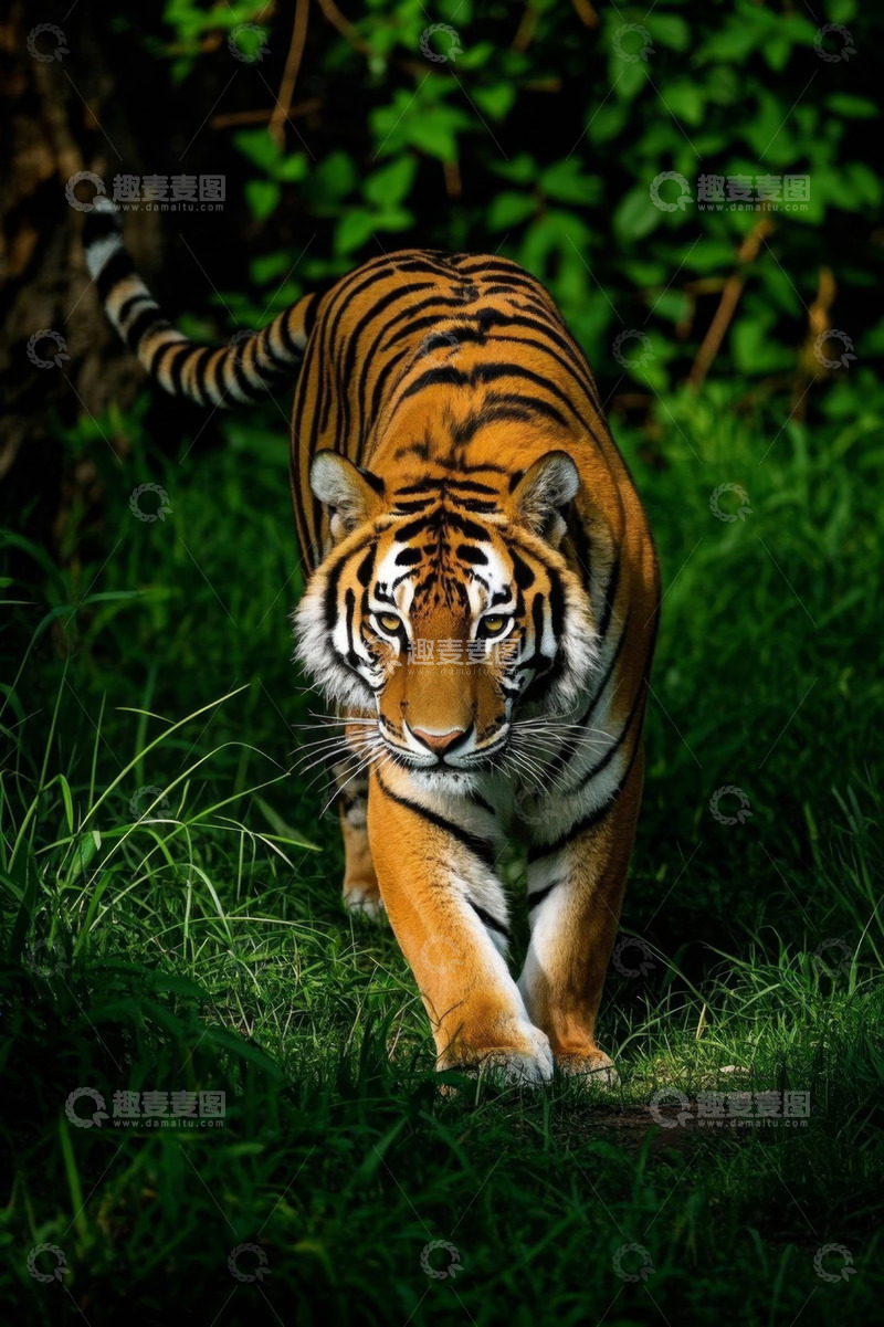 高清大图下载【趣麦麦图】行走在草地上的老虎