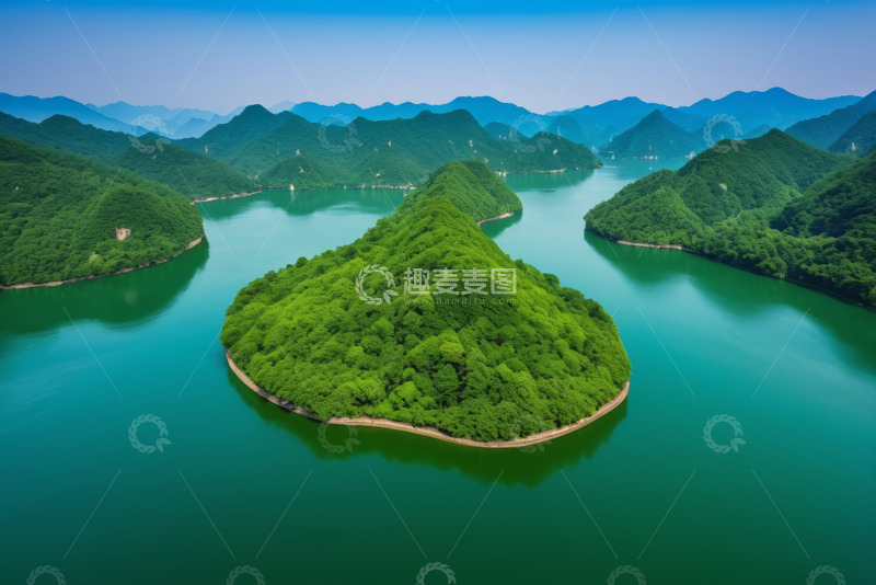 高清大图下载【趣麦麦图】青山绿水间的湖心岛全景
