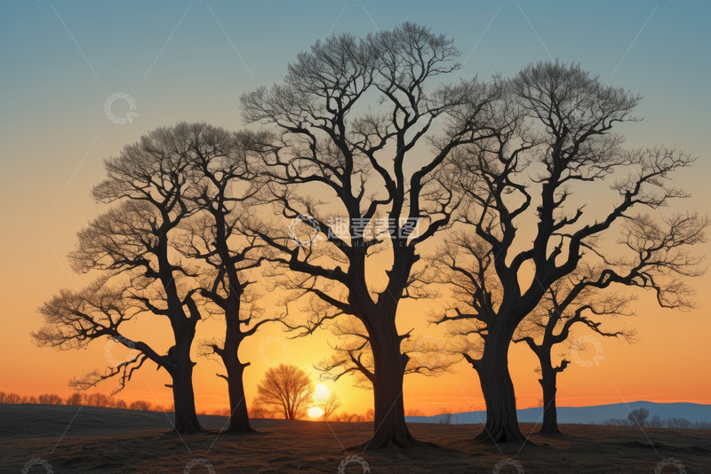 高清大图下载【趣麦麦图】日落时分田野中的光秃树木