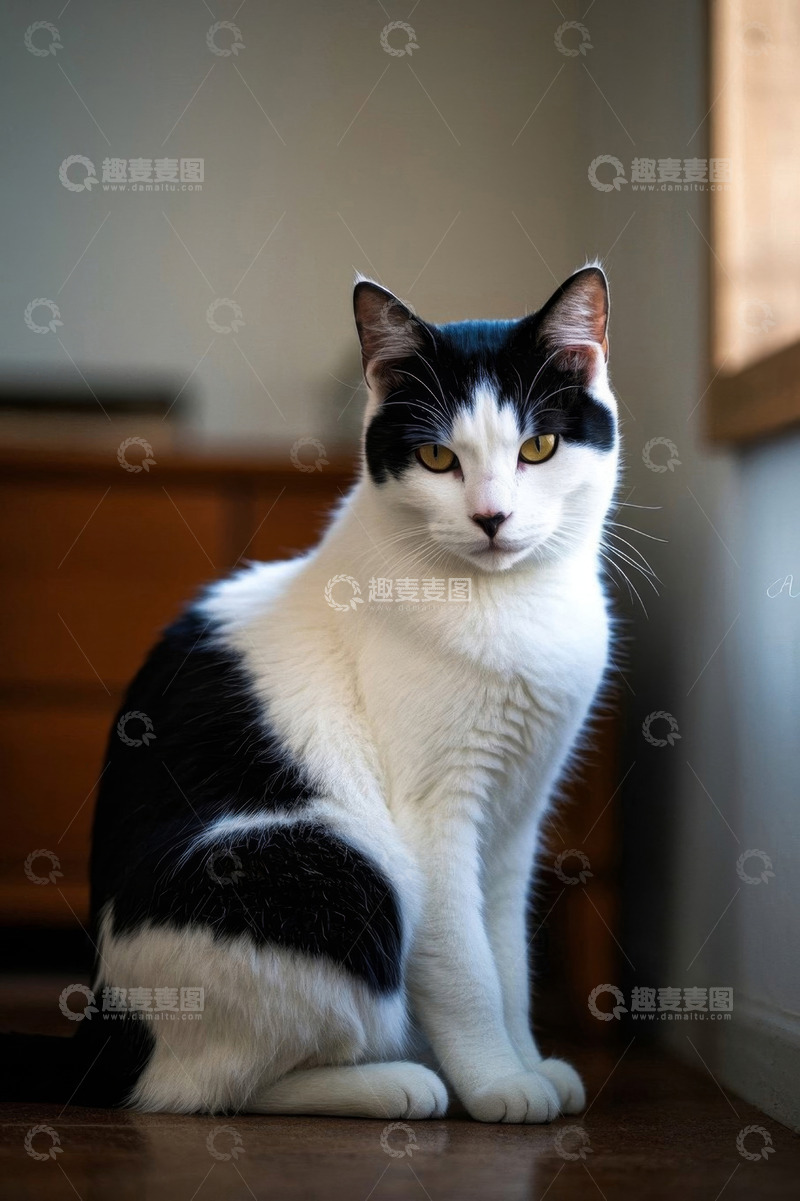 高清大图下载【趣麦麦图】黑白猫室内端坐照片