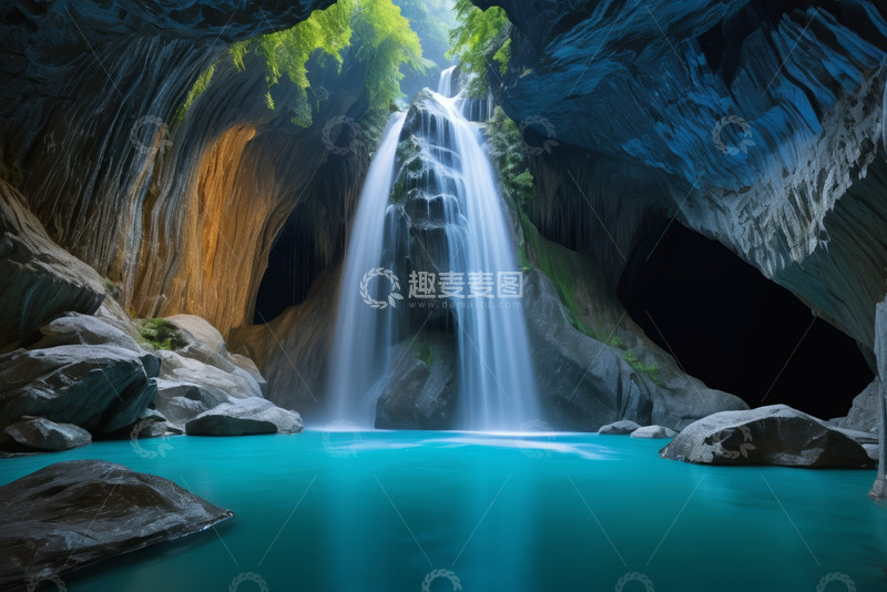 高清大图下载【趣麦麦图】洞穴中的瀑布与碧绿潭水