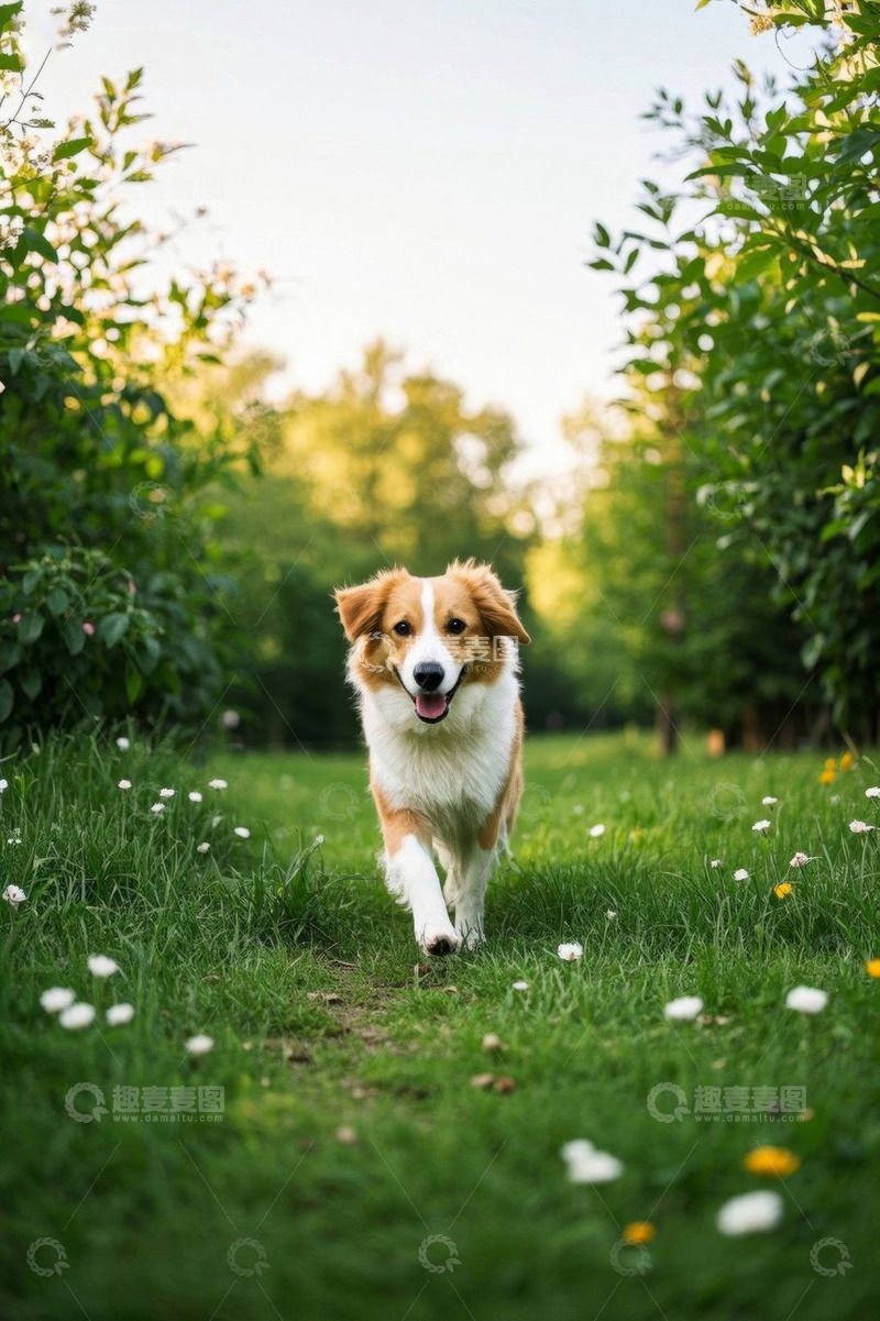 高清大图下载【趣麦麦图】草地中奔跑的宠物狗