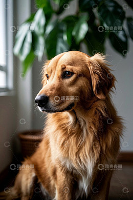 室内坐着的金毛犬