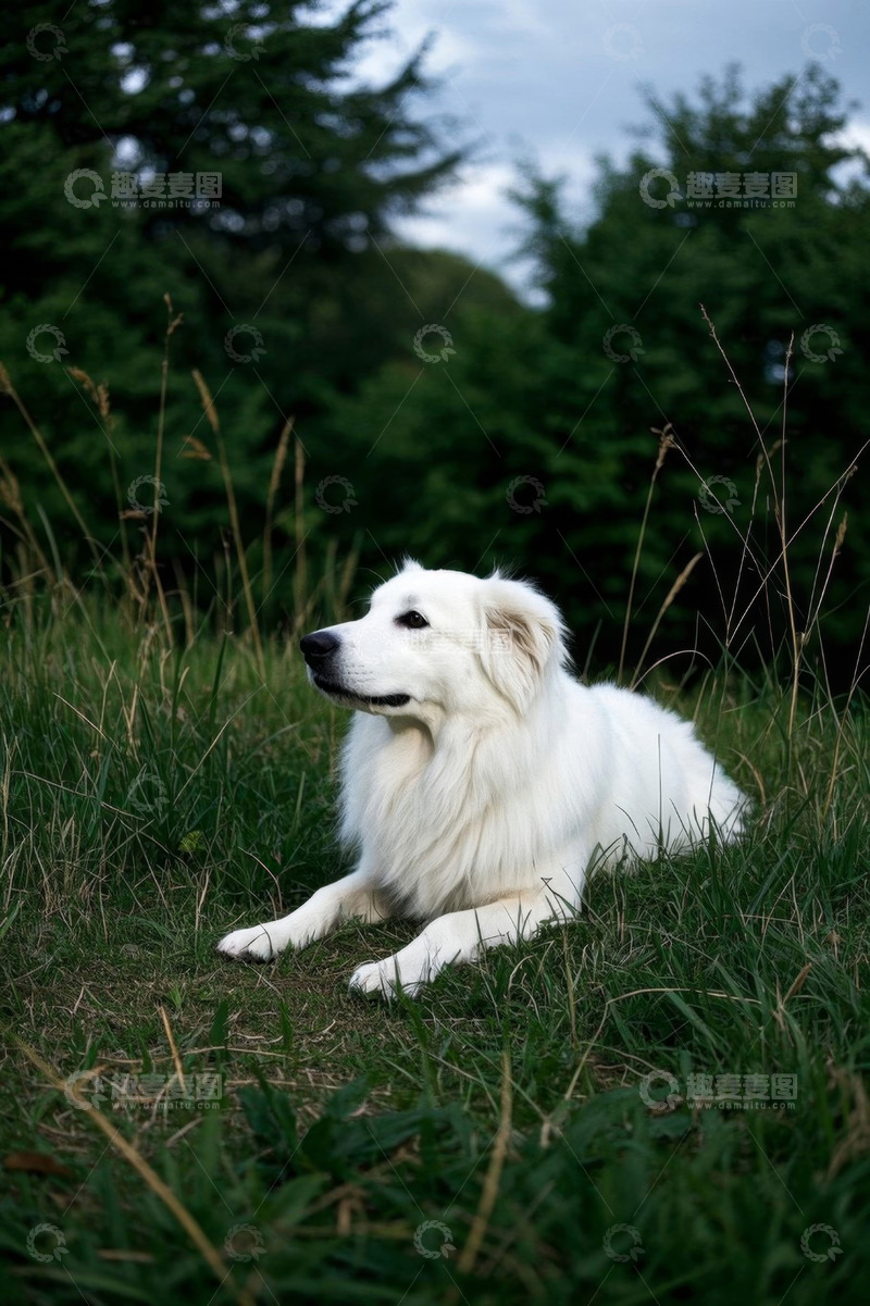高清大图下载【趣麦麦图】草地上休憩的白色宠物狗