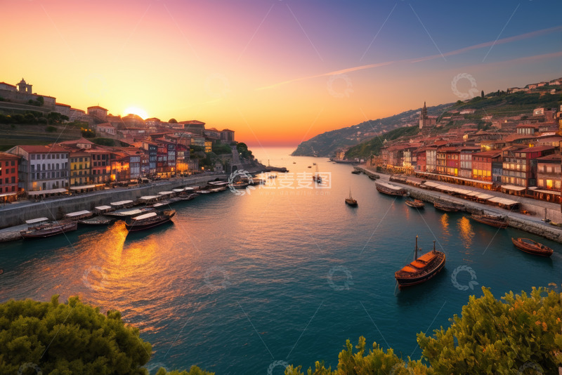 高清大图下载【趣麦麦图】河畔小镇日落全景