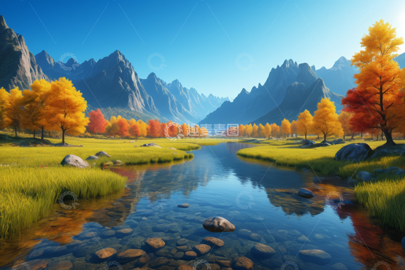 高清大图下载【趣麦麦图】秋日山谷河流自然风光