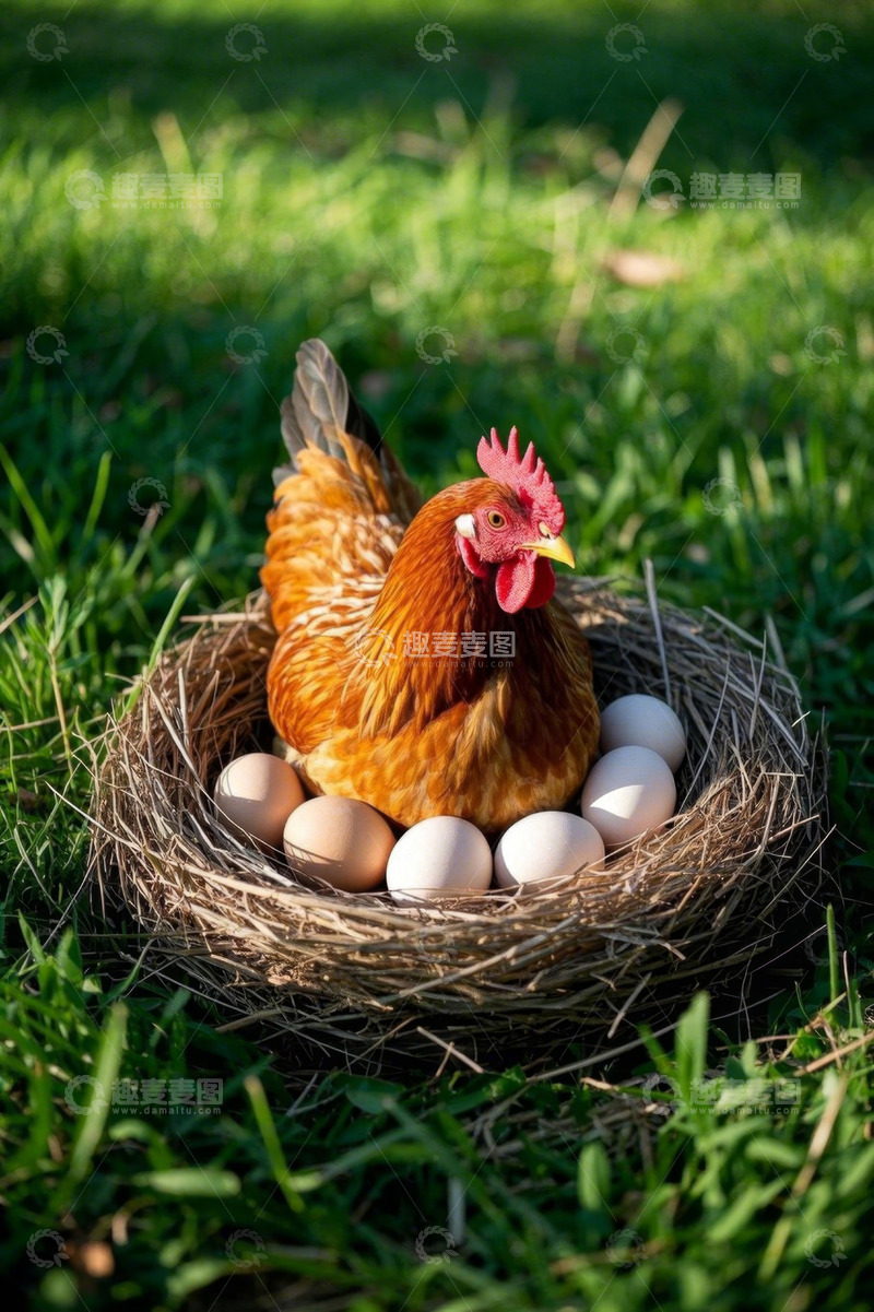 高清大图下载【趣麦麦图】母鸡在草地上孵蛋场景