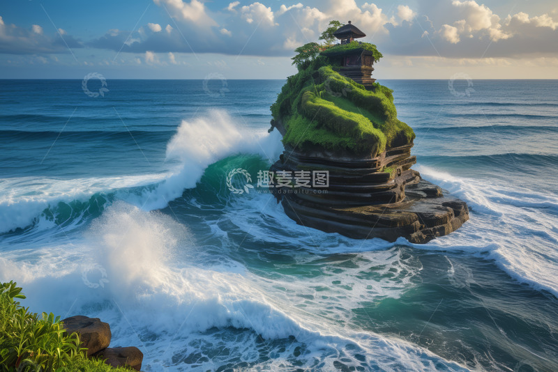 高清大图下载【趣麦麦图】海上孤岩庙宇与汹涌海浪