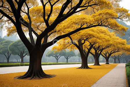 秋日公园金黄树木景观