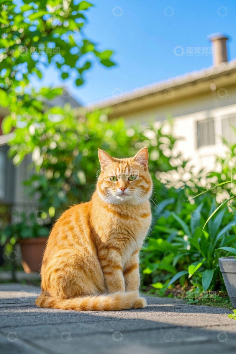 高清大图下载【趣麦麦图】庭院中坐着的橘色猫咪