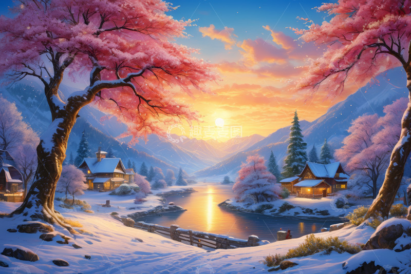 高清大图下载【趣麦麦图】冬日雪境中的粉樱山林与小屋