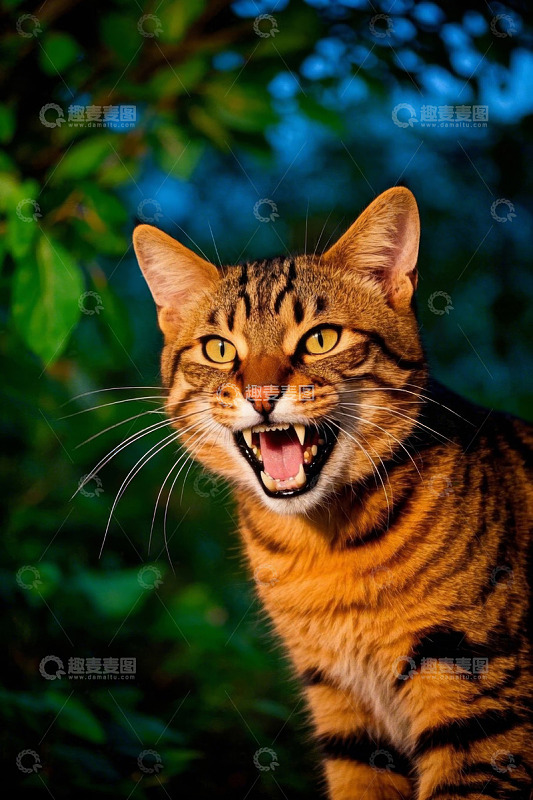 张嘴咆哮的斑纹猫特写
